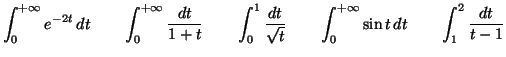 $\displaystyle \int_{0}^{+\infty}e^{-2t}\,dt\qquad\int_{0}^{+\infty}\frac{dt}{1+...
...}{\sqrt{t}}\qquad\int_{0}^{+\infty}\sin t\,dt\qquad
\int_{1}^{2}\frac{dt}{t-1}
$