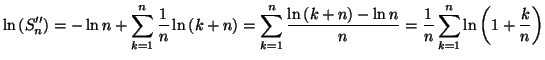 $\displaystyle \ln\left( S_{n}^{\prime\prime}\right) =-\ln n+\sum_{k=1}^{n}\frac...
...k+n\right) -\ln n}
{n}=\frac{1}{n}\sum_{k=1}^{n}\ln\left( 1+\frac{k}{n}\right)
$