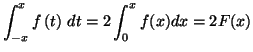 $\displaystyle \int_{-x}^{x}f\left( t\right)\,dt=2\int_{0}^{x}f(x)dx=2F(x)$