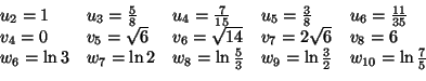 \begin{displaymath}
\begin{array}[c]{lllll}
u_{2}=1 & u_{3}=\frac{5}{8} & u_{4}=...
...ak\ln\frac{3}{2} & w_{10}=\allowbreak\ln\frac{7}{5}
\end{array}\end{displaymath}