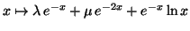 $\displaystyle x\mapsto \lambda \,e^{-x}+\mu \,e^{-2x}+e^{-x}\ln x$