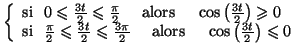 $\displaystyle \left\lbrace\begin{array}{l}
\textnormal{si}~~0\leqslant \frac{3t...
...rmal{alors}~~~~\cos\left( \frac{3t}{2} \right)\leqslant 0\\
\end{array}\right.$