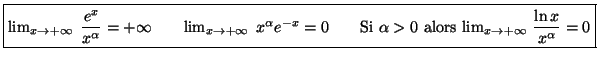 $\displaystyle \fbox{$\lim_{x\rightarrow+\infty}\;\dfrac{e^{x}}{x^{\alpha}}
=+\i...
...$\alpha>0$\ alors $\lim_{x\rightarrow+\infty}$\ $\dfrac{\ln x}{x^{\alpha}
}=0$}$