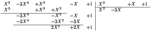 $\displaystyle \begin{tabular}[c]{llllll\vert llll}
$X^{5}$\ & $-3X^{4}$\ & $+X^...
...& & & & & \\ \cline{2-5}
& & & $2X^{2}$\ & $+2X$\ & $+1$\ & & & &
\end{tabular}$