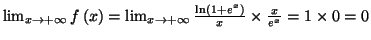 $ \lim_{x\rightarrow+\infty}f\left( x\right)
=\lim_{x\rightarrow+\infty}\frac{\ln\left( 1+e^{x}\right) }{x}\times\frac
{x}{e^{x}}=1\times0=0$