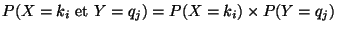 $\displaystyle P(X=k_{i}\textrm{ et }Y=q_{j})=P(X=k_{i})\times P(Y=q_{j})$