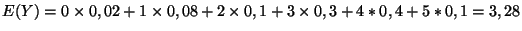 $\displaystyle E(Y)=0\times 0,02+1\times 0,08+2\times 0,1+3\times 0,3+4*0,4+5*0,1=3,28$